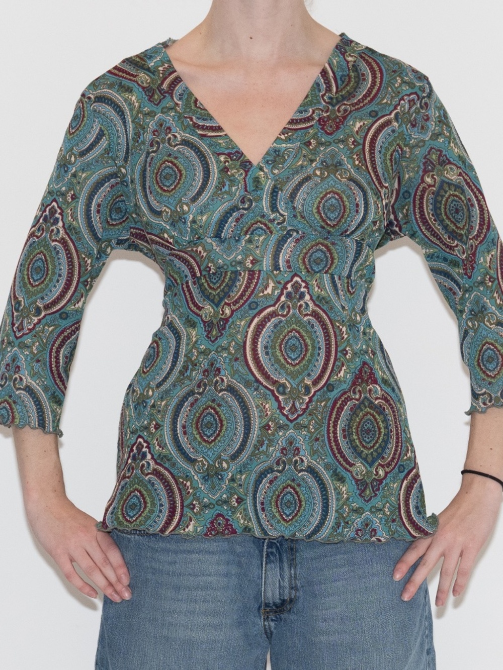 Y2k paisley print tie blouse green patterned size XL mesh only nine
